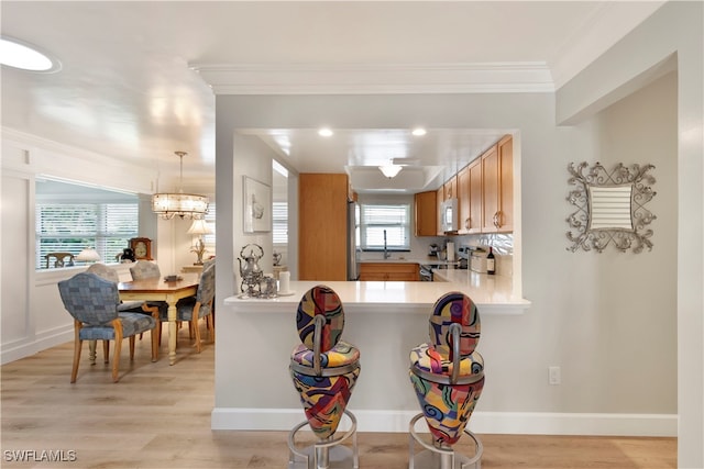 kitchen featuring stainless steel appliances, a healthy amount of sunlight, light hardwood / wood-style flooring, and kitchen peninsula