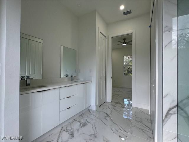 bathroom featuring vanity and ceiling fan