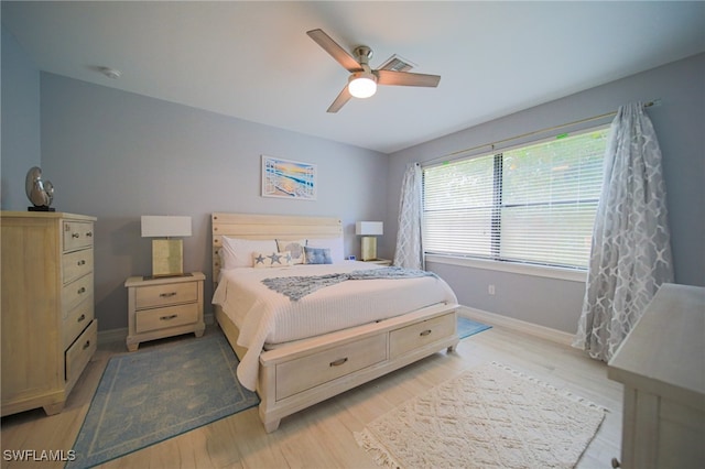 bedroom featuring light wood-type flooring and ceiling fan