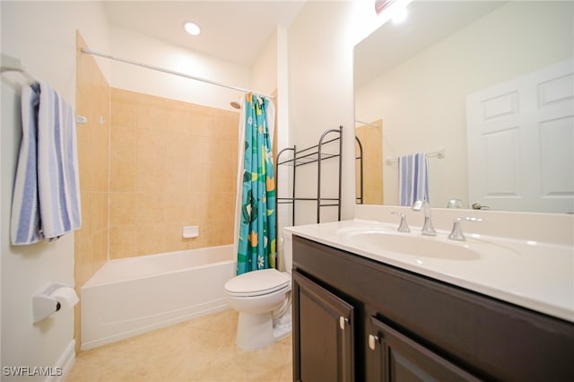 full bathroom with tile patterned floors, vanity, shower / bathtub combination with curtain, and toilet