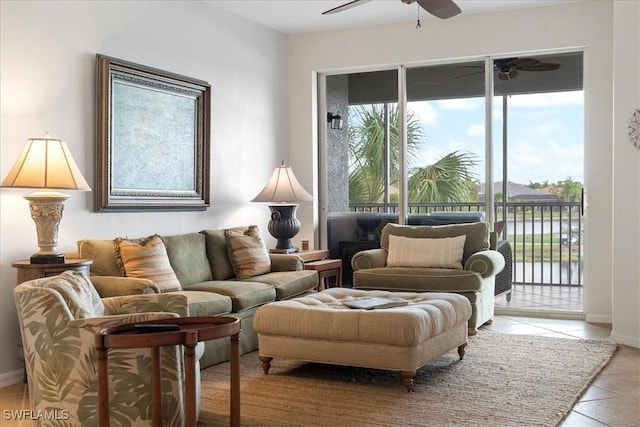 tiled living room featuring ceiling fan