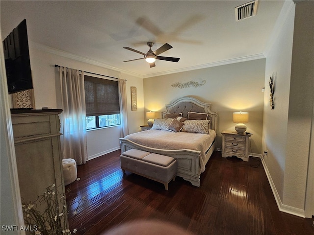 bedroom with crown molding, dark wood-type flooring, and ceiling fan