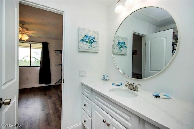 bathroom featuring vanity and hardwood / wood-style flooring