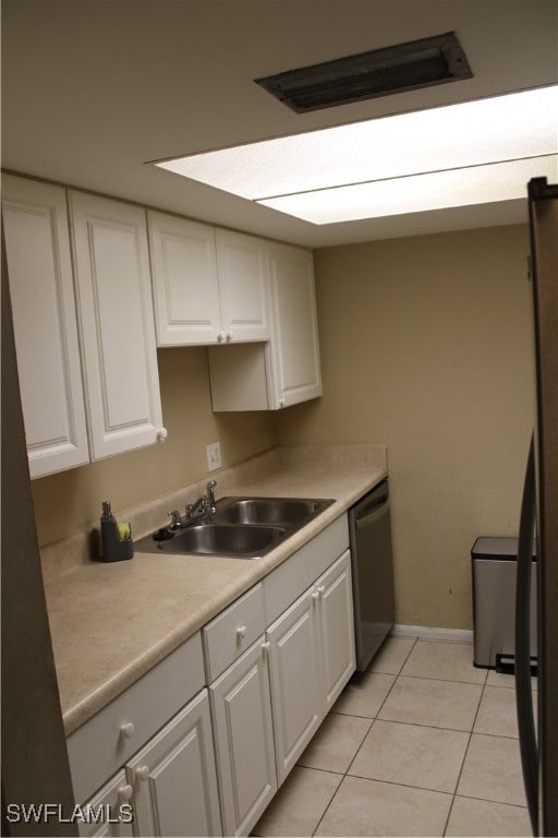 kitchen featuring white cabinets, stainless steel dishwasher, and sink