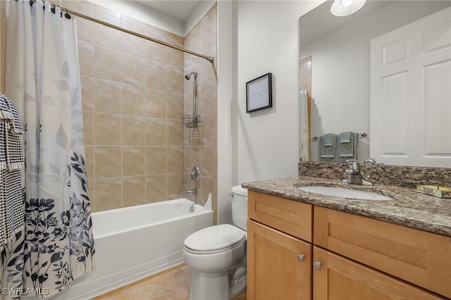 full bathroom featuring vanity, shower / bath combination with curtain, toilet, and tile patterned flooring