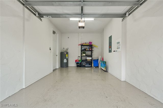 garage featuring a garage door opener, electric water heater, and electric panel