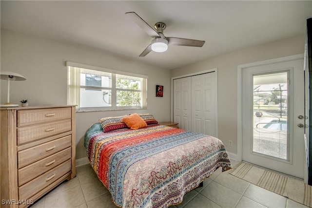 1106 Lorraine Ct, Cape Coral, FL 33904 - bedroom featuring multiple windows, light tile patterned floors, a closet, and ceiling fan