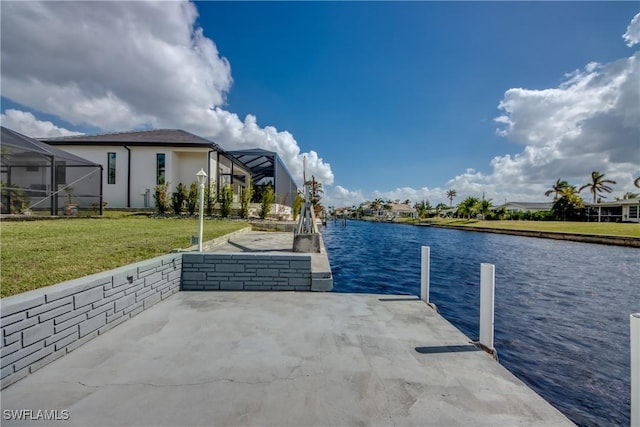 1106 Lorraine Ct, Cape Coral, FL 33904 - dock area featuring a water view, a lawn, and a lanai