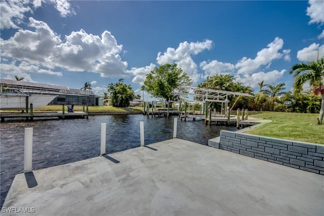 1106 Lorraine Ct, Cape Coral, FL 33904 - dock area featuring a water view, a lawn, and boat lift