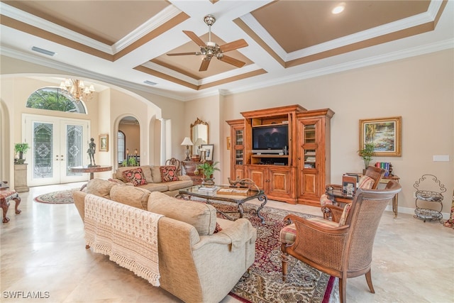 living room featuring french doors, coffered ceiling, ceiling fan with notable chandelier, crown molding, and beam ceiling