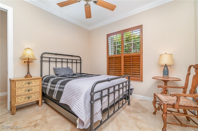 bedroom featuring ceiling fan and ornamental molding