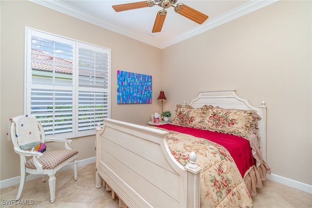 bedroom featuring ceiling fan and ornamental molding