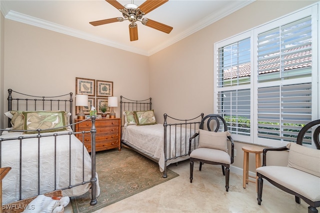 carpeted bedroom with multiple windows, ceiling fan, and crown molding