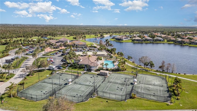 birds eye view of property featuring a water view