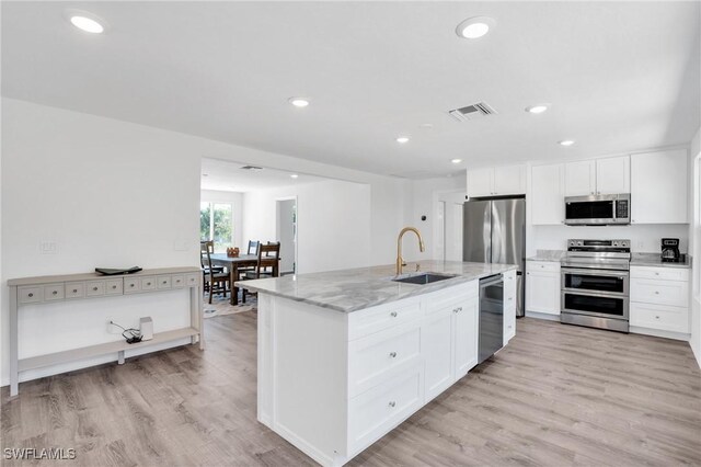 kitchen with visible vents, white cabinets, an island with sink, appliances with stainless steel finishes, and a sink