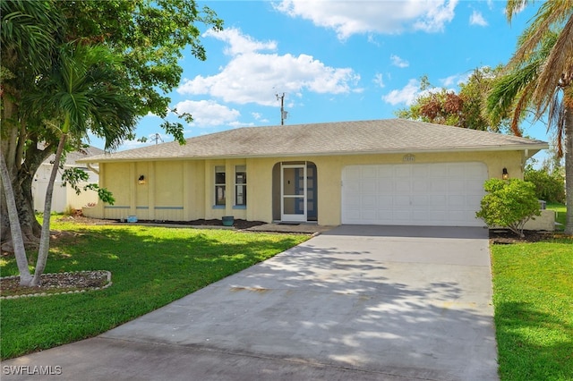 ranch-style house featuring a front lawn and a garage