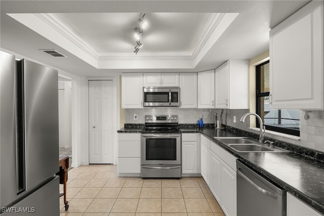 kitchen featuring white cabinets, appliances with stainless steel finishes, sink, and a raised ceiling