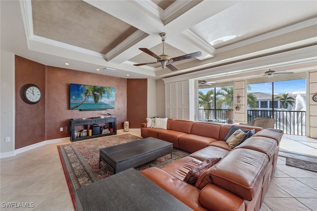 tiled living room with coffered ceiling, ceiling fan, ornamental molding, and beam ceiling