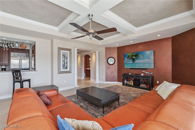 tiled living room with ceiling fan, beam ceiling, crown molding, coffered ceiling, and ornate columns