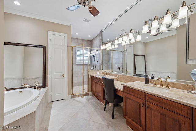 bathroom featuring vanity, tile patterned floors, plus walk in shower, and ornamental molding