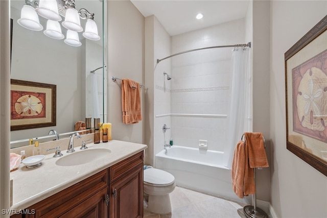 full bathroom featuring toilet, shower / tub combo, vanity, and tile patterned floors