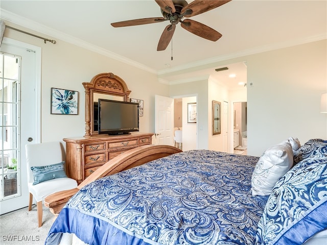 bedroom with light carpet, ensuite bath, ceiling fan, and crown molding