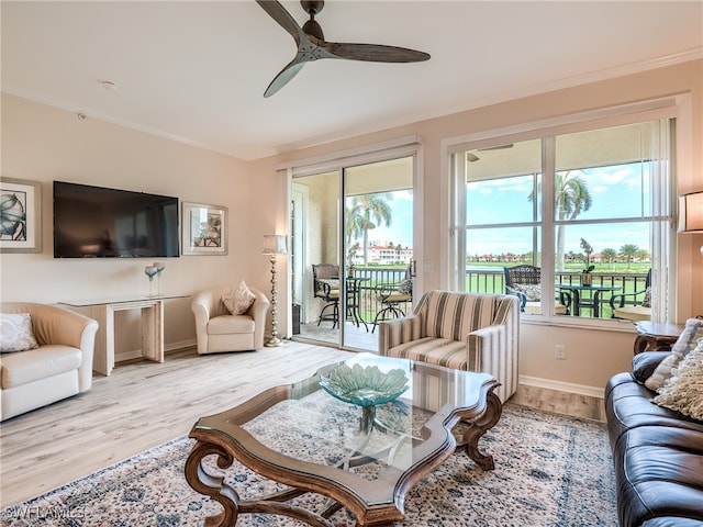 living room with hardwood / wood-style flooring, ceiling fan, and crown molding