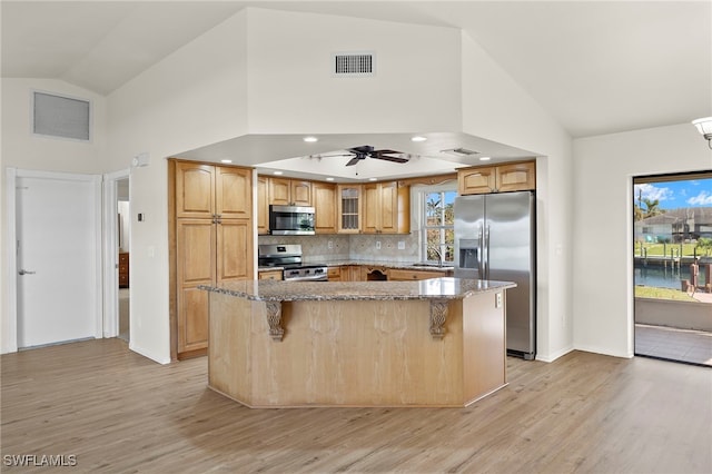 4709 SW 25th Pl, Cape Coral, FL 33914 - kitchen featuring stainless steel appliances, high vaulted ceiling, stone countertops, light wood-style flooring, and a kitchen island