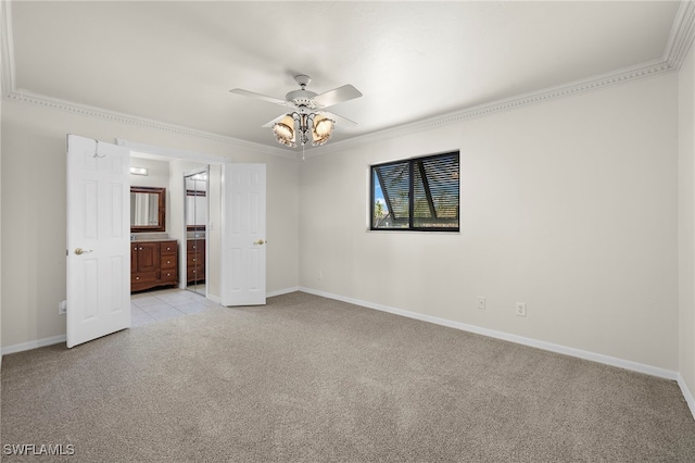 unfurnished bedroom featuring ceiling fan, light carpet, and ornamental molding