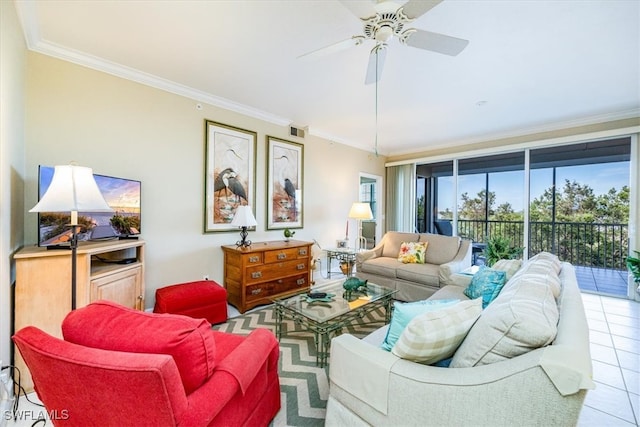 tiled living room with ceiling fan and ornamental molding