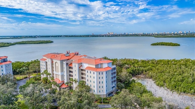 aerial view featuring a water view