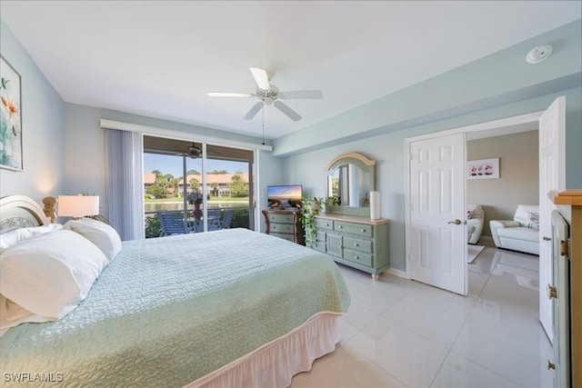 tiled bedroom featuring access to outside and ceiling fan