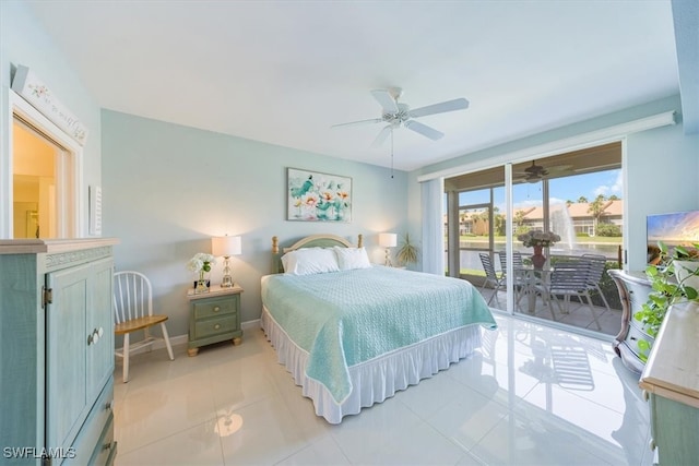 bedroom with ceiling fan, light tile patterned floors, and access to exterior