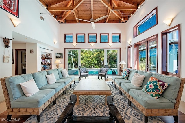 living room with hardwood / wood-style flooring, high vaulted ceiling, ceiling fan, and wood ceiling