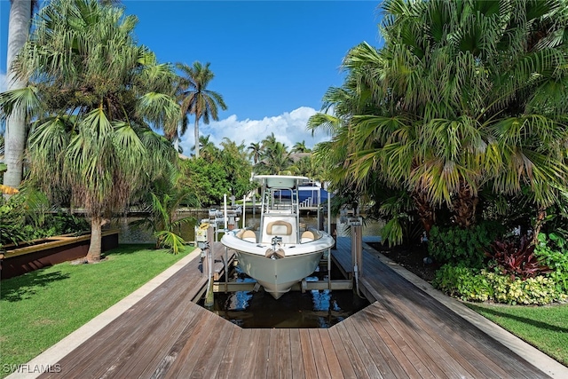 dock area featuring a water view and a yard