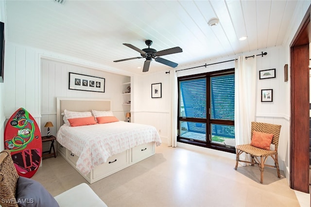 bedroom featuring wooden ceiling, ceiling fan, and access to outside