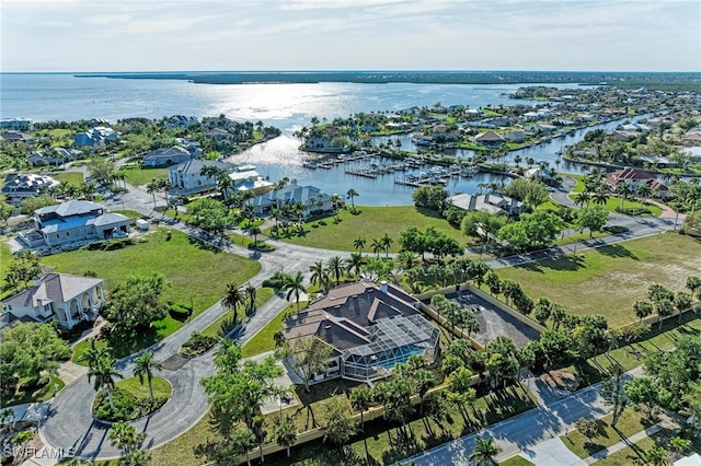 aerial view featuring a water view