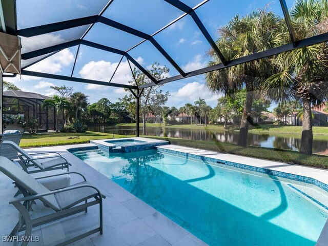 view of swimming pool with a lanai, a yard, a water view, a patio area, and an in ground hot tub