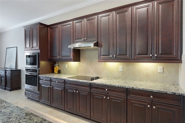 kitchen featuring black electric stovetop, crown molding, tasteful backsplash, and light stone counters