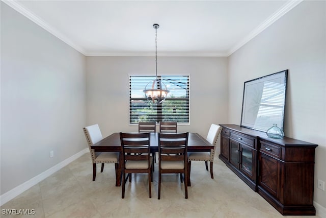 dining area featuring ornamental molding and a chandelier