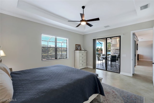 bedroom featuring ornamental molding, multiple windows, access to exterior, and ceiling fan