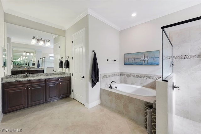 bathroom featuring vanity, ornamental molding, tile patterned flooring, and plus walk in shower