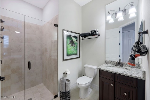 bathroom with toilet, an enclosed shower, vanity, and tile patterned flooring