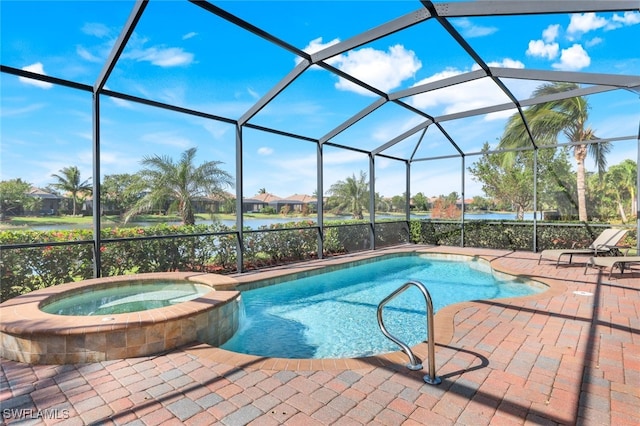 view of swimming pool with a water view, a patio area, glass enclosure, and an in ground hot tub