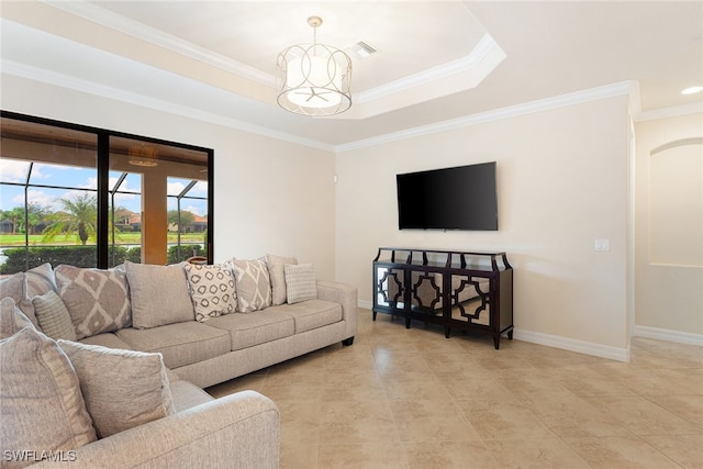 living room featuring crown molding, light tile patterned flooring, and a chandelier