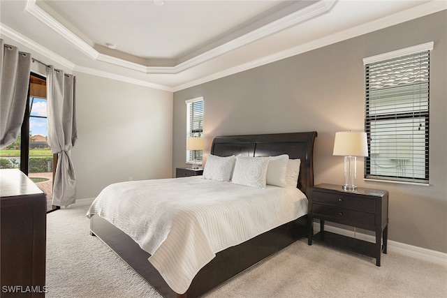 carpeted bedroom featuring ornamental molding and a raised ceiling