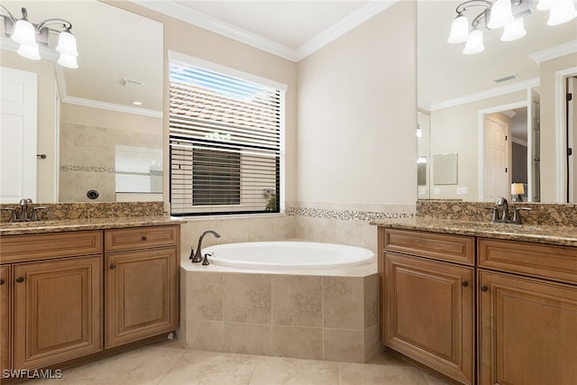 bathroom featuring vanity, crown molding, separate shower and tub, and tile patterned floors