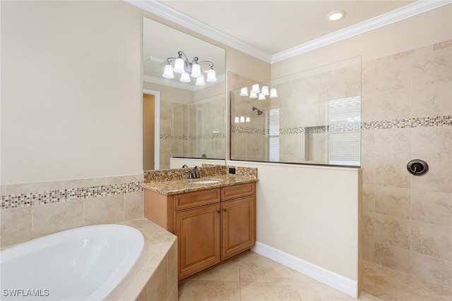 bathroom featuring vanity, separate shower and tub, crown molding, and tile patterned floors