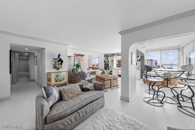 living room with crown molding