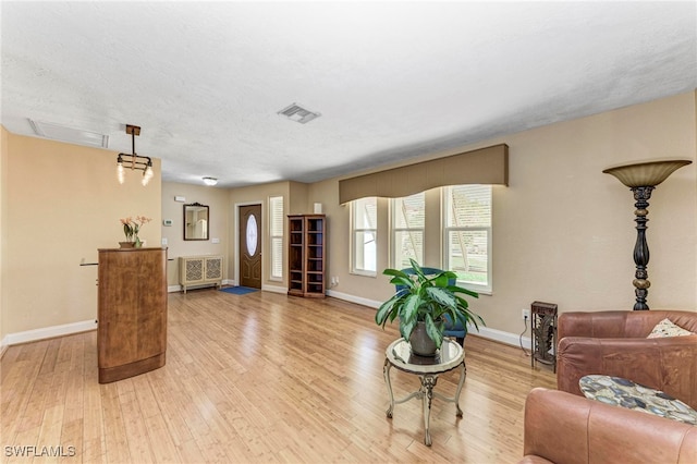 living room with light hardwood / wood-style floors and a textured ceiling